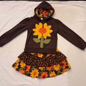 Gymboree 3 Piece Sunflower Hoodie, Floral Tier Skort, and Beret Set - Size 6/5T